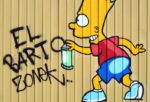 Graffiti of Bart Simpson doing wall vandalism - El Bart Zonek in children casual clothes