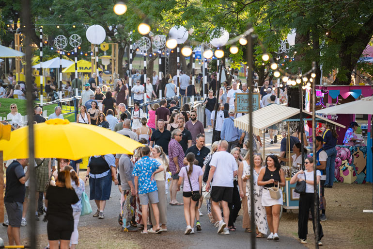 Crowds wandering the Garden of Unearthly Delights
