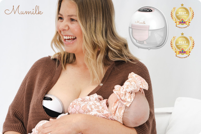 We Asked Mums to Vote for the Best Breast Pump in Australia. They Chose the Mumilk Ella. Again. Woman breastfeeding and pumping with a wearable breast pump