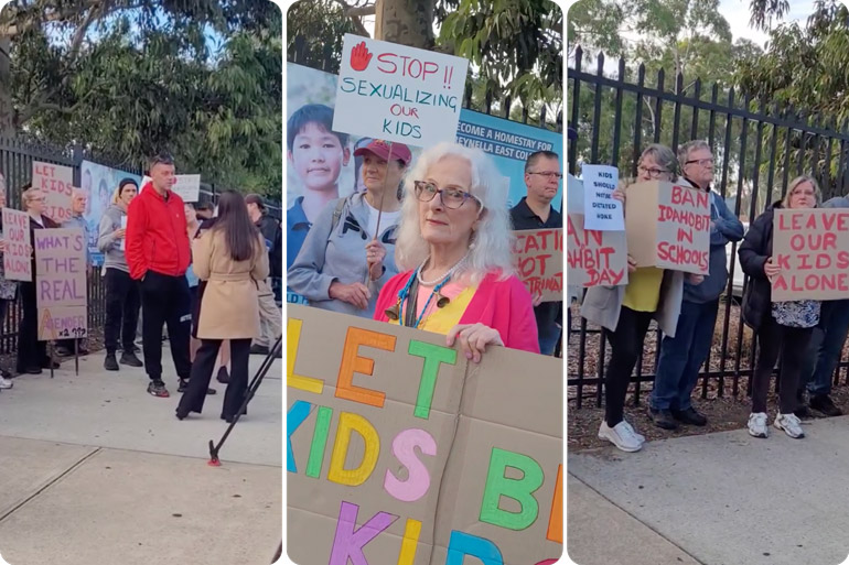 Parents protesting at IDAHOBIT day at Reynella East College