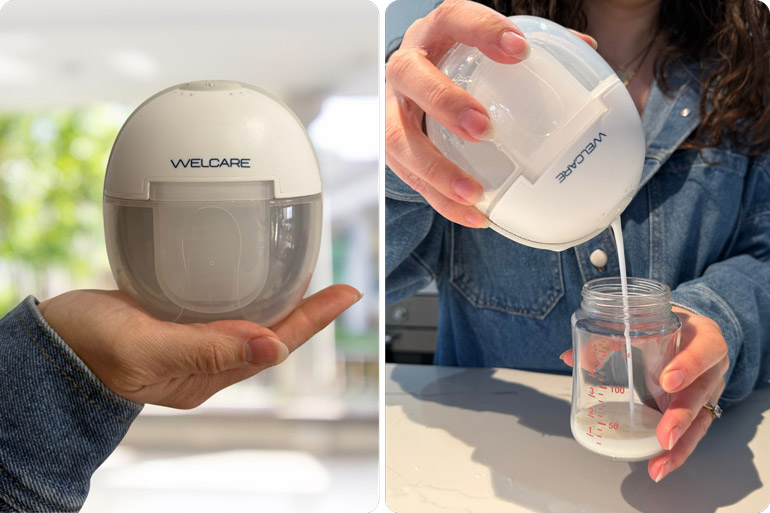 Meet the Welcare Nurture Heated Breast Pump - Comfort You Can Wear 3 Welcare Heated Breast Pump Pouring Milk to Bottle