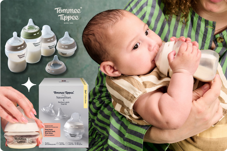 Tommee Tippee’s New Perfect Latch Kit Takes the Guesswork Out of Feeding Tommee Tippee Natural Start Perfect Latch Trial Kit with baby feeding from bottle