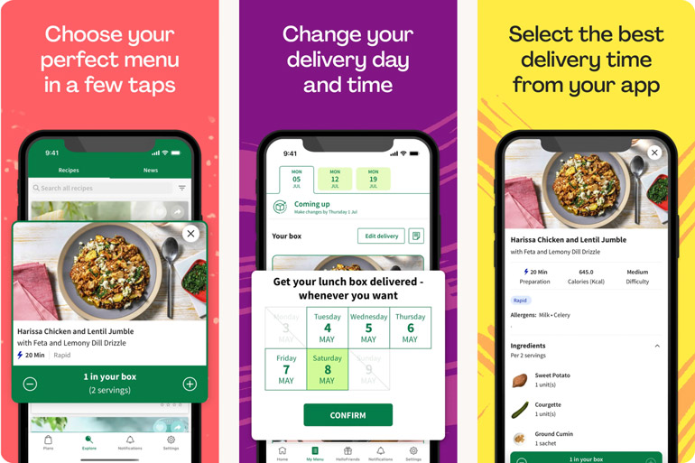 Screenshots from the HelloFresh app