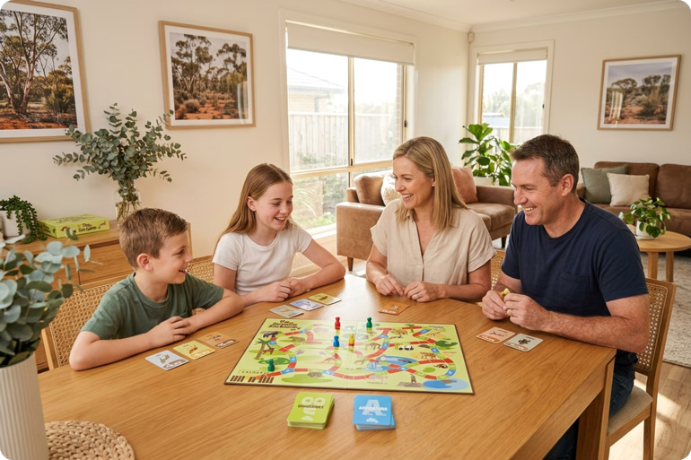 Family sitting at dining table playing The Amazing Zoo Game