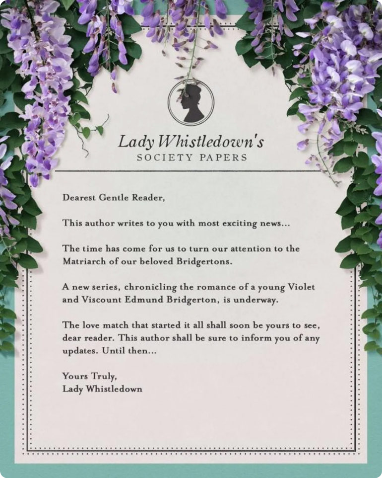 Lady Whistledown's Announcement about Violet Bridgerton