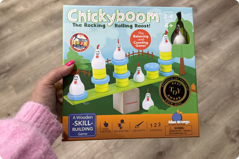 Screen-Free Fun That Sneaks in Learning. Win 1 of 6 Blue Orange Games Bundles for Little Kids 8 Chickyboom Box Shot