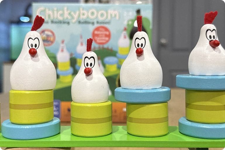 Screen-Free Fun That Sneaks in Learning. Win 1 of 6 Blue Orange Games Bundles for Little Kids 12 Chickyboom game pieces stacked