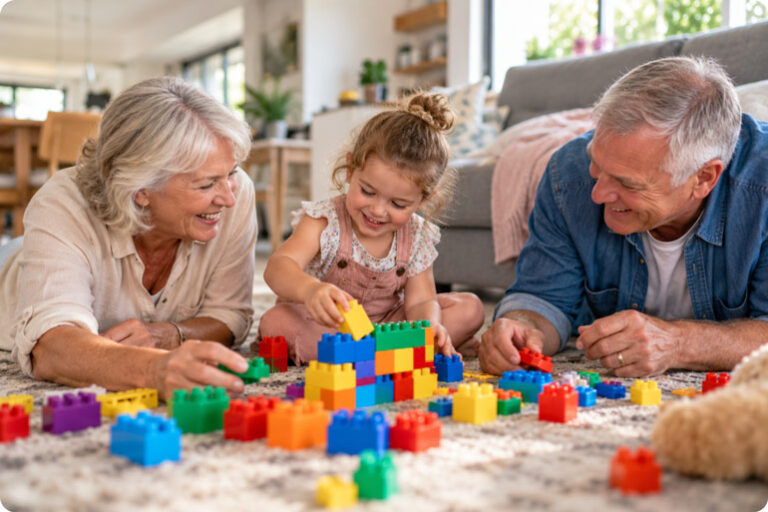 Grandparents playing on the floor with preschooler and colourful building blocks