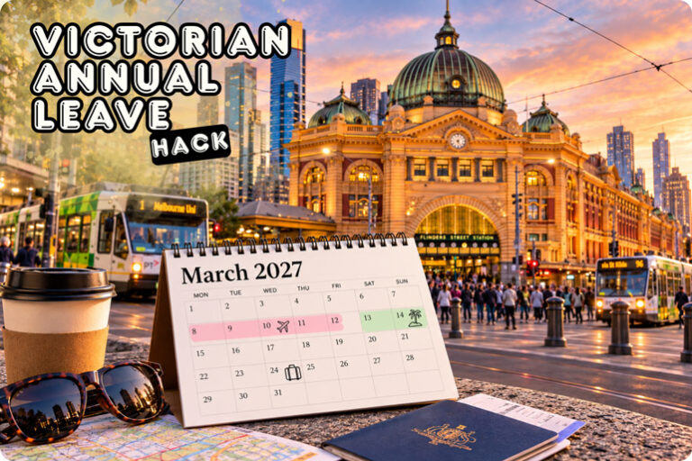 Victorian public holidays 2027 calendar in front of Flinders Street Station at sunset