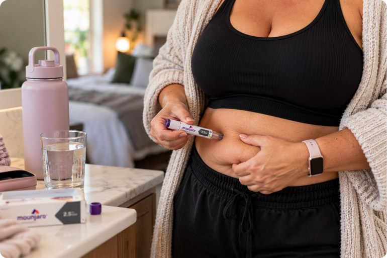 Woman injecting herself with Mounjaro weight loss injectable